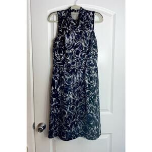 Ann Taylor Cocktail Dress Size 6 Black Floral Satin Mock Neck Sleeveless Preppy